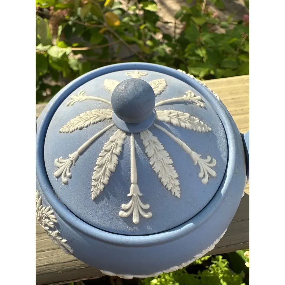 Wedgwood Jasperware tea set-teacup, saucer, sugar bowl England 1957 blue white